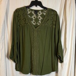 New Directions Olive Green Lace Accent Blouse